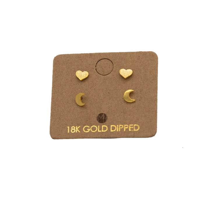 Fame 2Pk Moon and Heart Stud Earrings - Gold