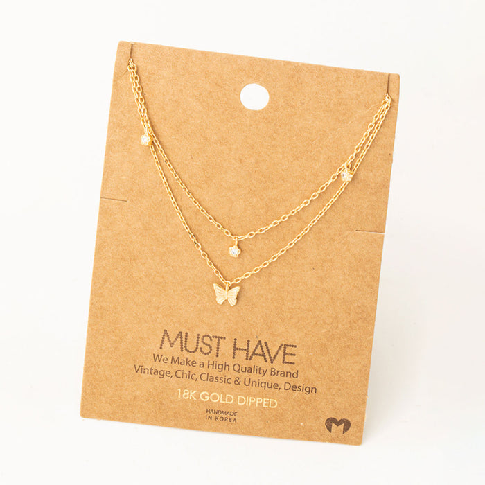 Fame Dainty Layered Chain Link Butterfly Charm Necklace - Gold