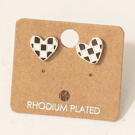 Fame Gold Dipped Epoxy Checkered Heart Stud Earrings