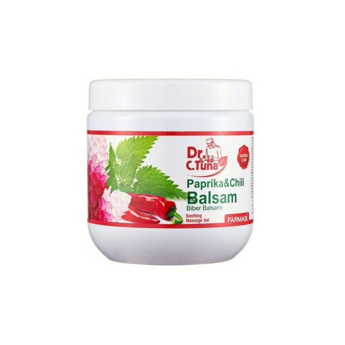 A white plastic jar with a label showing the brand 'Farmasi' and the product name 'Paprika Chili Balsam' with images of red chili peppers and leaves.