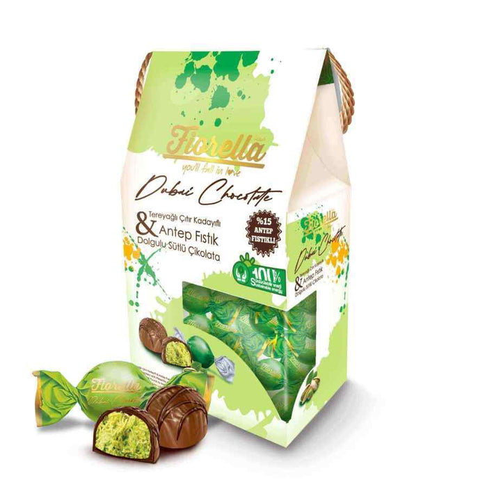 Fiorella Dubai Chocolate 8.1 oz / 230 Gr – Buttered Crispy Kadayif and Pistachio Filled Bite Size Milk Chocolate
