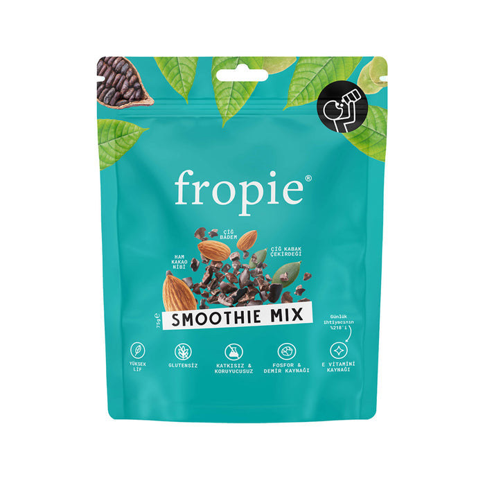 Discover a guilt-free snack packed with nutrients—Fropie Smoothie Mix Nut Blend combines crunchy almonds (45%), roasted pumpkin seeds (35%), and raw cacao nibs (20%) for a naturally energizing treat.