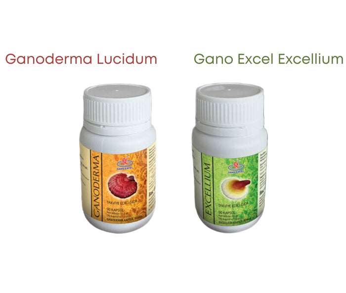 Two bottles of dietary supplements, one labeled 'Ganoderma Lucidum' and the other 'Gano Excel Excellum'. Both bottles have labels with text and images of mushrooms, indicating the product may include mushroom extracts.