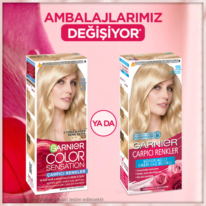 Garnier hair color boxes with a pink background and text about packaging changes.