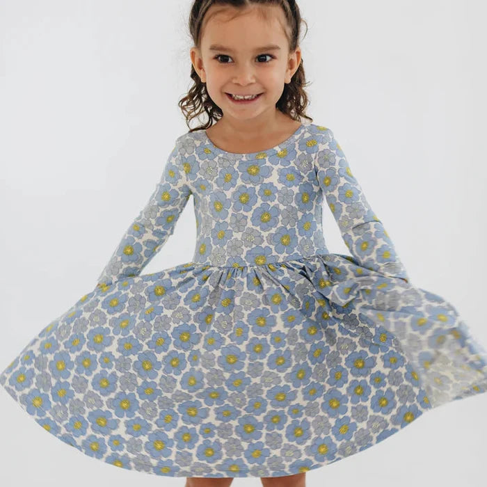 Good Apples Kids 3/4 Sleeve Twirl Dress - Periwinkle Meadow