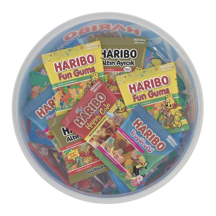 Haribo Minis Bowl includes 4 different types: Haribo Happy Cola, Haribo Fun Gums, Haribo Tropifrutti, Haribo Gold Bears. All in 10 grams packaging.