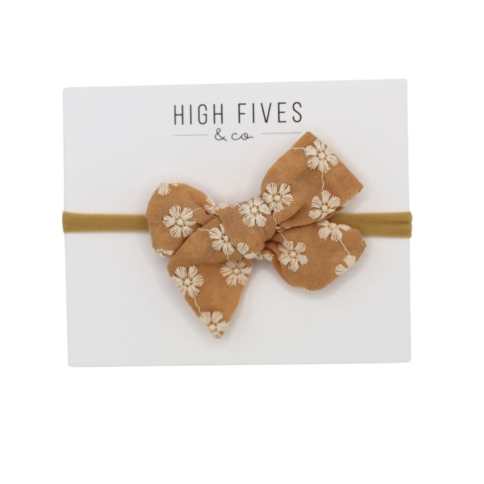 High Fives Floral Linen Bow Nylon Headband - Embroidered Daisy Pale Terracotta