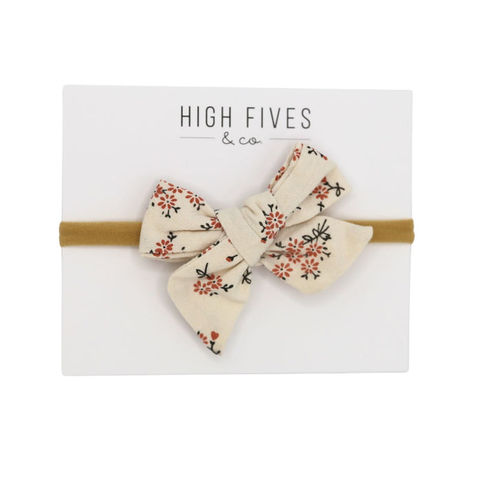 High Fives Floral Linen Bow Nylon Headband - Dusty Rose Daisy Patch Ivory
