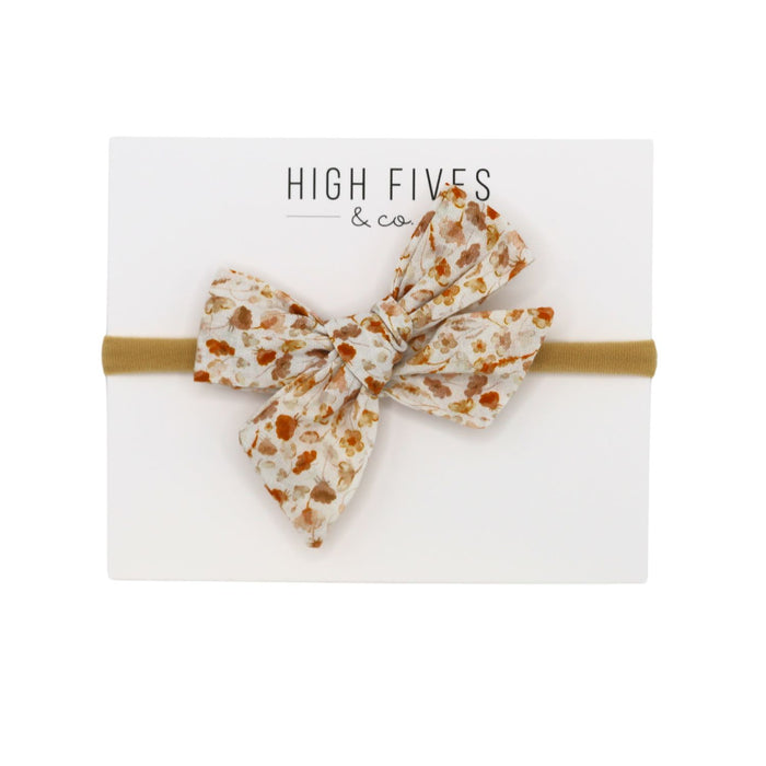 High Fives Floral Linen Bow Nylon Headband - Warm Watercolor Floral Ivory