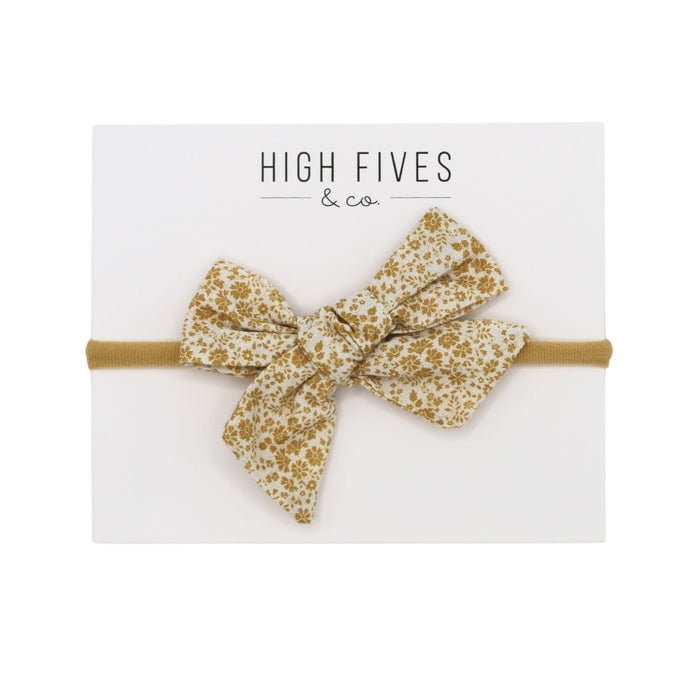 High Fives Floral Linen Bow Nylon Headband - Mustard Ditsy Floral Ivory