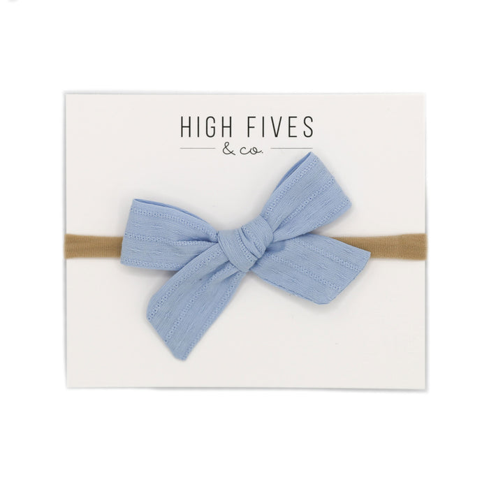 High Fives Patterened Linen Bow Nylon Headband - Alice Blue