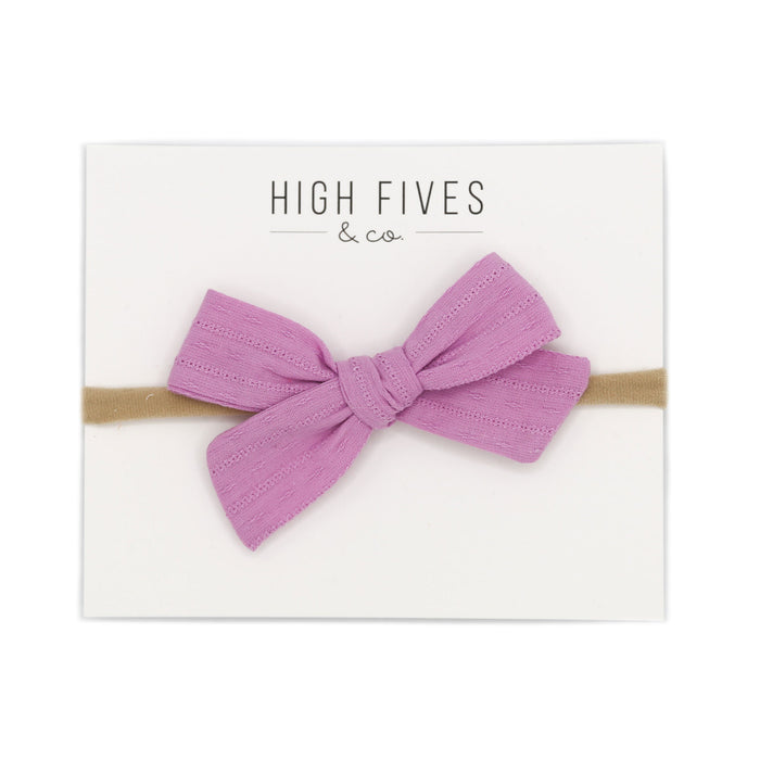 High Fives Patterened Linen Bow Nylon Headband - Light Magenta