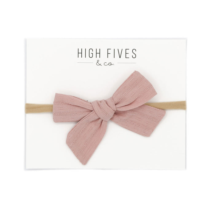 High Fives Patterened Linen Bow Nylon Headband - Light Mauve