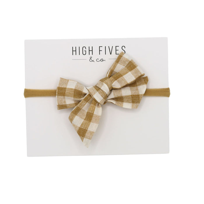 High Fives Printed Linen Bow Nylon Headband - Taupe Gingham