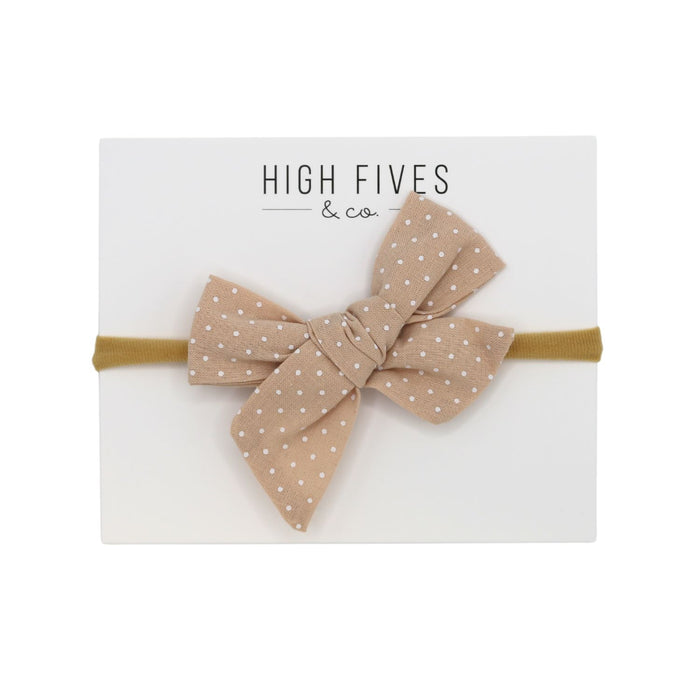 High Fives Printed Linen Bow Nylon Headband - Beige / White Dot
