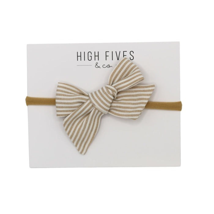 High Fives Printed Linen Bow Nylon Headband - Taupe Stripe