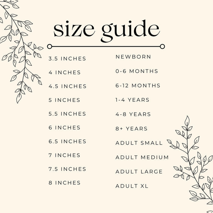 Size chart for Joyful Bead Company