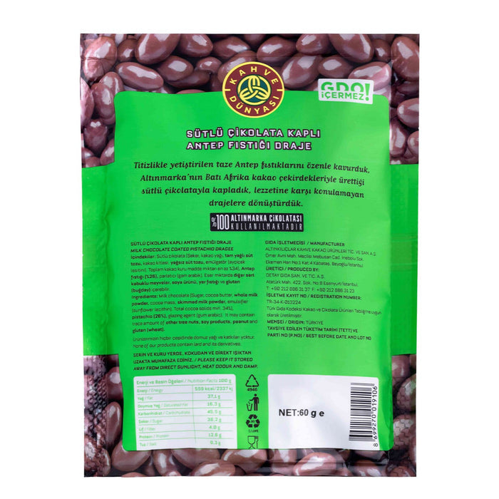 Kahve Dünyası Milk Chocolate Pistachio Dragee (Sütlü Çikolatalı Antep Fıstıklı Draje) 2.1 oz (60 G)-Package design