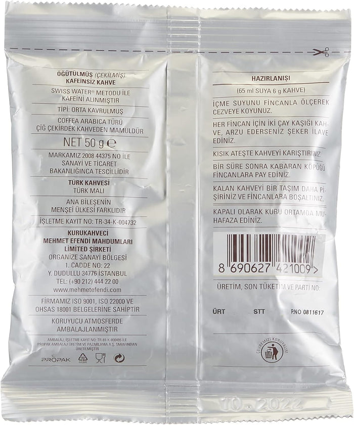 Kurukahveci Mehmet Efendi Coffeine Free Turkish Coffee- Back Side of the Product Package