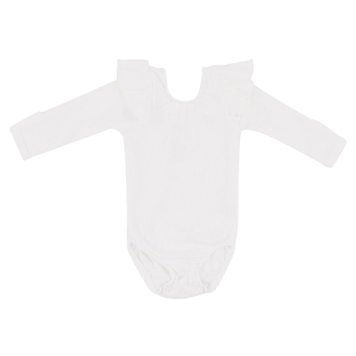 Kyte BABY Ribbed Long Sleeve Ruffle Leotard - Cloud