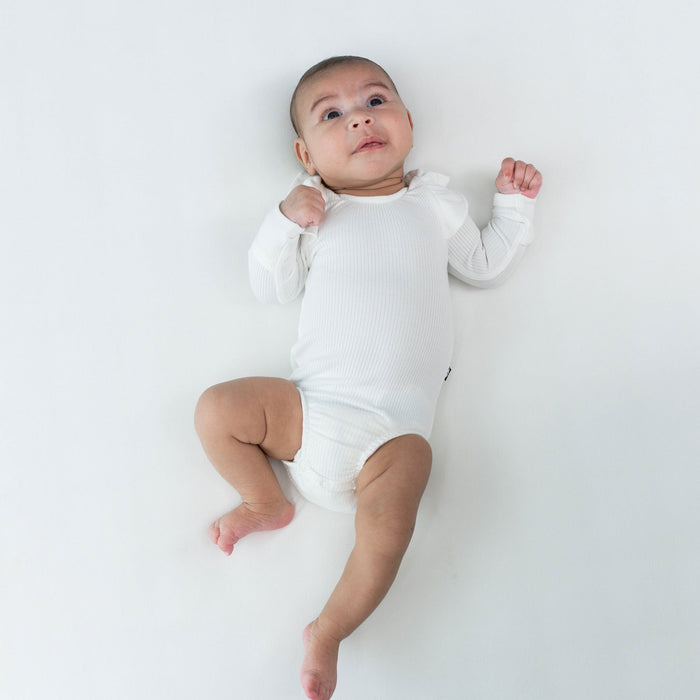 Kyte BABY Ribbed Long Sleeve Ruffle Leotard - Cloud