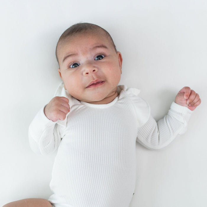 Kyte BABY Ribbed Long Sleeve Ruffle Leotard - Cloud