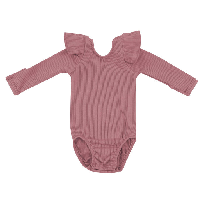 Kyte BABY Ribbed Long Sleeve Ruffle Leotard - Dusty Rose