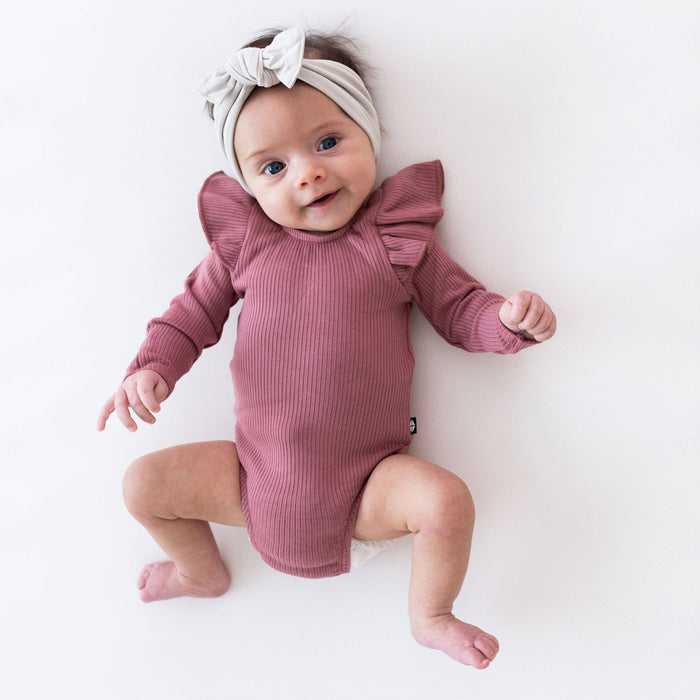 Kyte BABY Ribbed Long Sleeve Ruffle Leotard - Dusty Rose