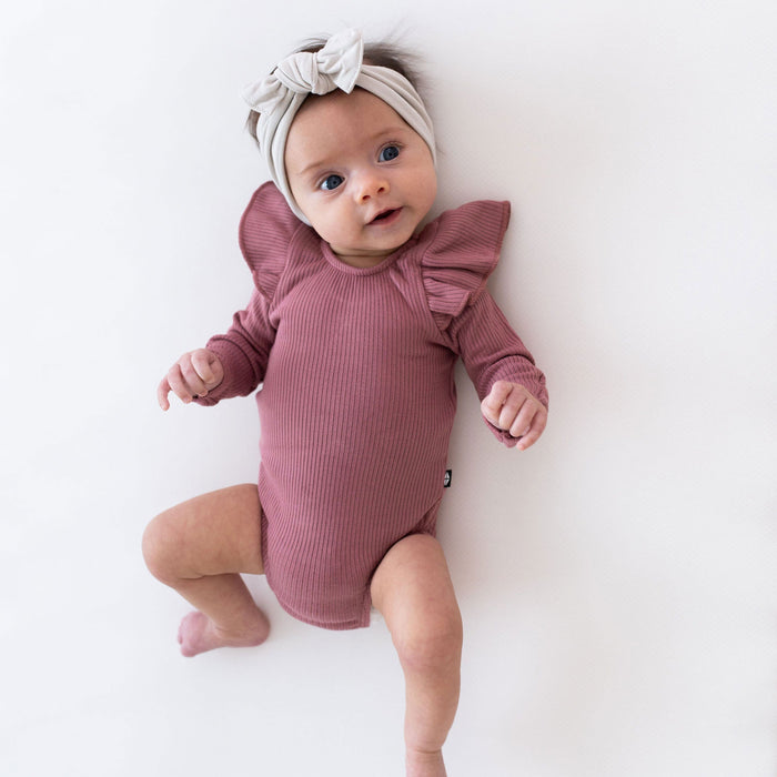 Kyte BABY Ribbed Long Sleeve Ruffle Leotard - Dusty Rose