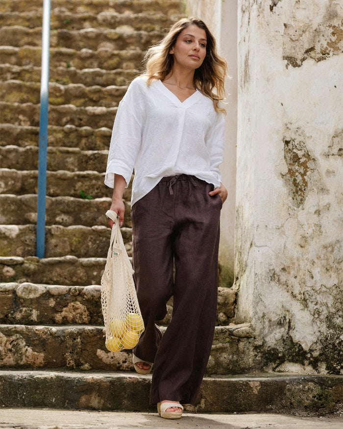 MagicLinen Espresso brown Linen Pants CURACAO, 100% European flax linen 180 gsm plain weave   modelBoxOn2