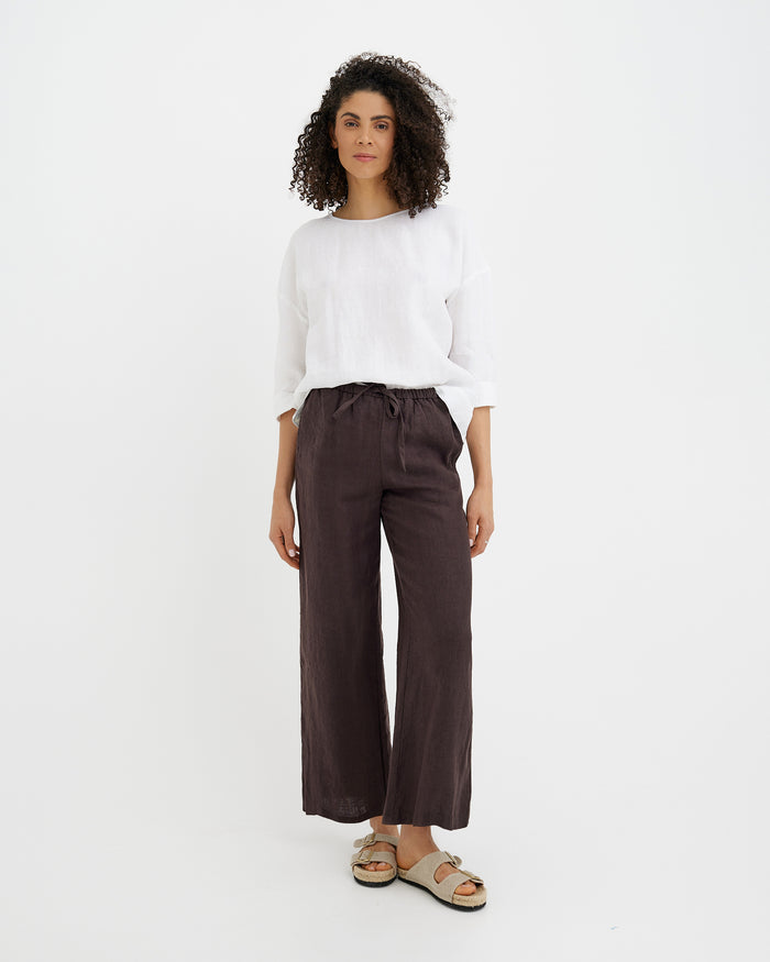 MagicLinen Espresso brown CURACAO linen pants with loose straight-leg silhouette