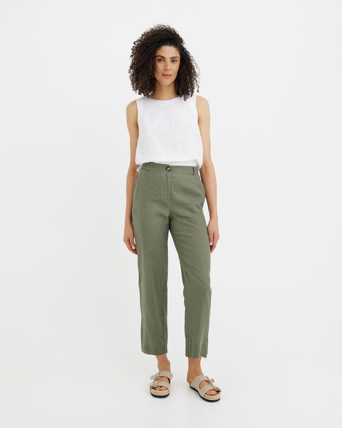 MagicLinen Mist Green Linen Pants SEATTLE, 100% European flax linen 160 gsm modelBoxOn