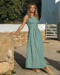 Long linen dress BORACAY in Teal blue - MagicLinen modelBoxOn2