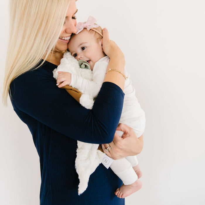 Mom holds baby wearing Lou Lou and Company Ribbed Top and Bottoms - Wren