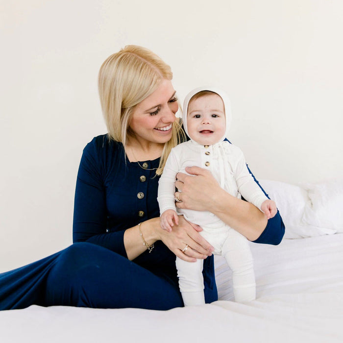Mom holds baby wearing Lou Lou and Company Ribbed Top and Bottoms - Wren