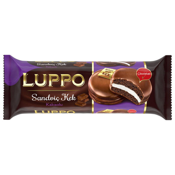 Luppo Sandwich Cake Cacao is a deliciously soft and rich treat from Türkiye, combining moist chocolate cake layers with fluffy marshmallow filling, all coated in a smooth milk chocolate shell.