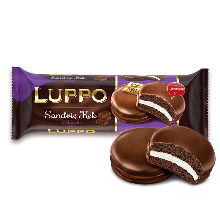Luppo Sandwich Cake Cacao is a deliciously soft and rich treat from Türkiye, combining moist chocolate cake layers with fluffy marshmallow filling, all coated in a smooth milk chocolate shell.