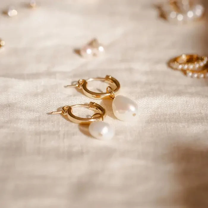 Made by Mary Drop Pearl Gold Filled Hoop Earrings