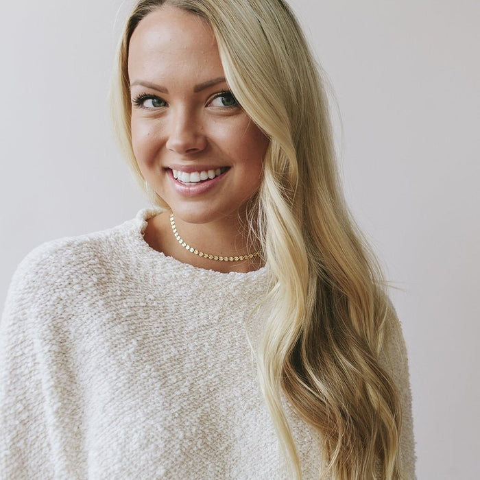 Woman Wearing Made by Mary Gold Filled Poppy Choker Necklace