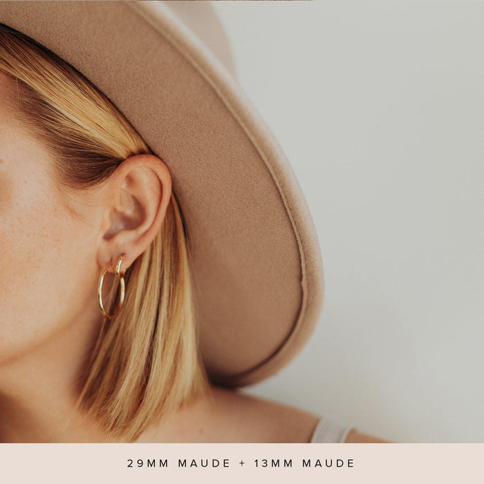 Woman Wearing Made by Mary Gold Filled Maude Hoop Earrings