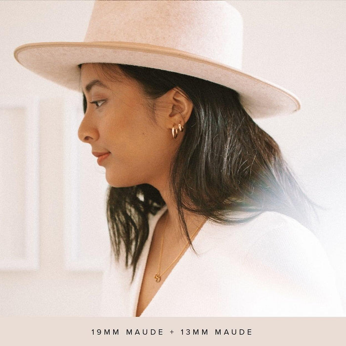 Woman Wearing Made by Mary Gold Filled Maude Hoop Earrings