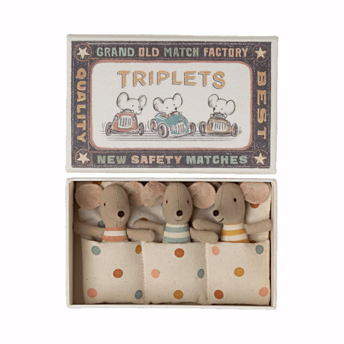 Maileg Baby Mice Triplets in Matchbox - Pink / Blue / Yellow with Multi Polka Dot Bedding