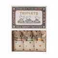 Maileg Baby Mice Triplets in Matchbox - Pink / Blue / Yellow with Multi Polka Dot Bedding