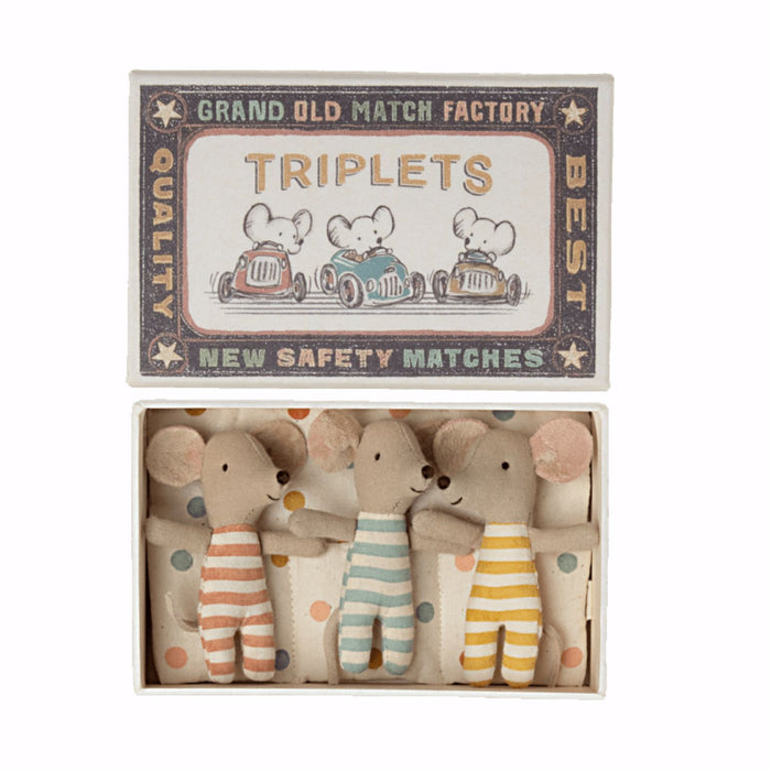 Maileg Baby Mice Triplets in Matchbox - Pink / Blue / Yellow with Multi Polka Dot Bedding