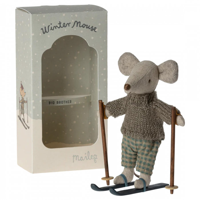 Maileg Big Brother Winter Mouse with Ski Set - Grey and Blue