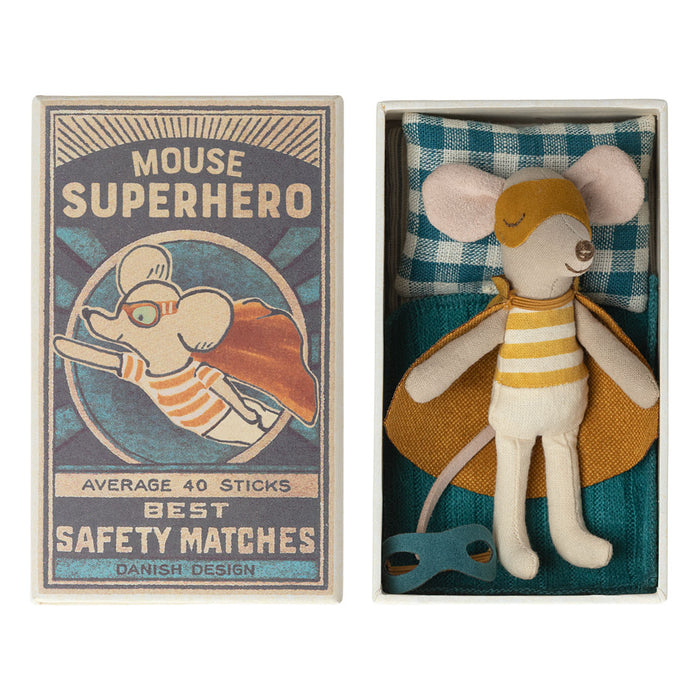 Maileg Little Brother Super Hero Mouse in Matchbox - Yellow Stripe - Yellow Stripe