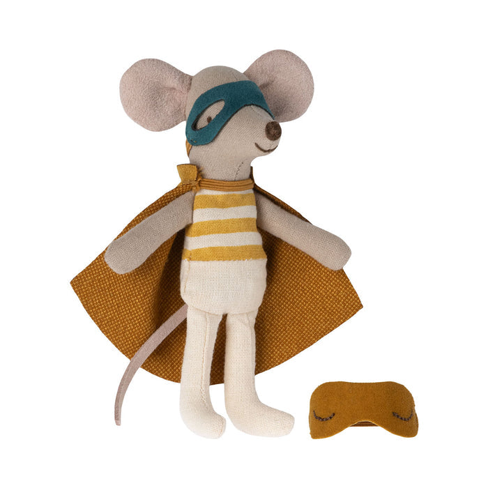 Maileg Little Brother Super Hero Mouse in Matchbox - Yellow Stripe - Yellow Stripe