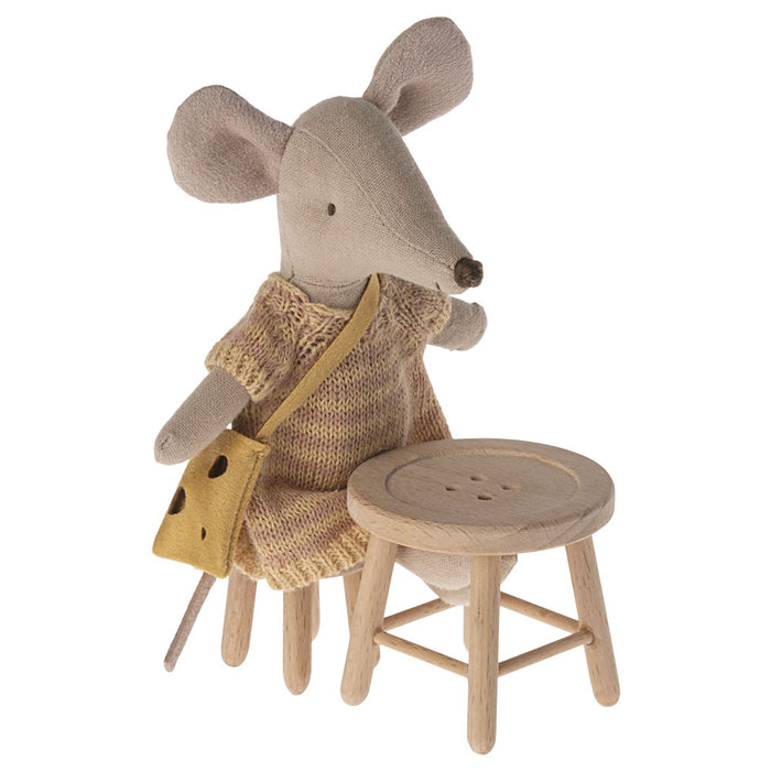 Maileg Mouse Table and Stool Set - Buttons - Natural