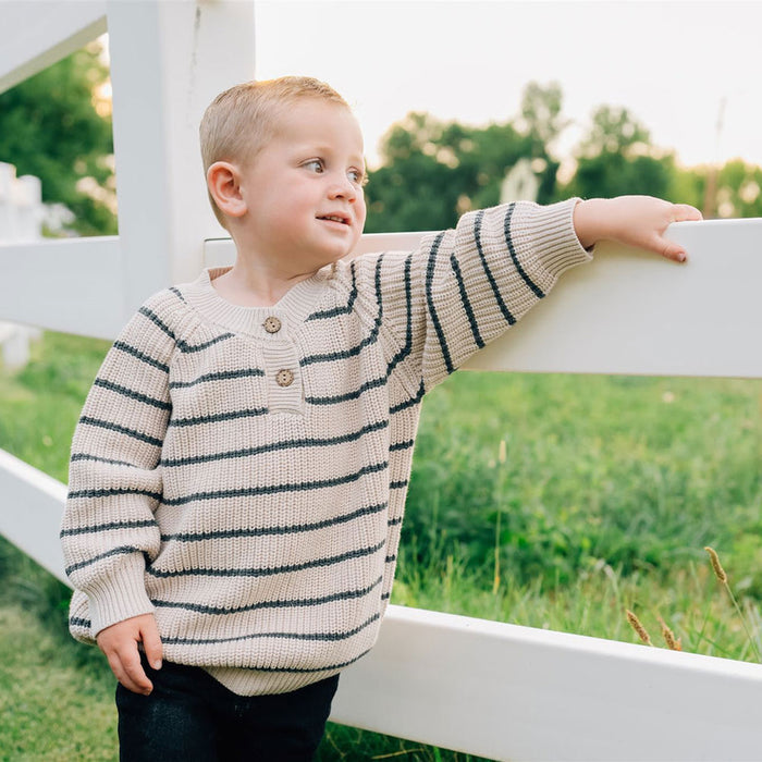 Mebie Baby Button Knit Sweater - Charcoal Stripe