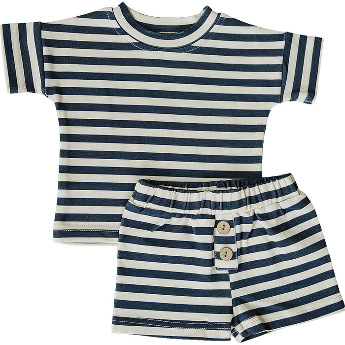 Mebie Baby Button Short Set - Navy Stripe
